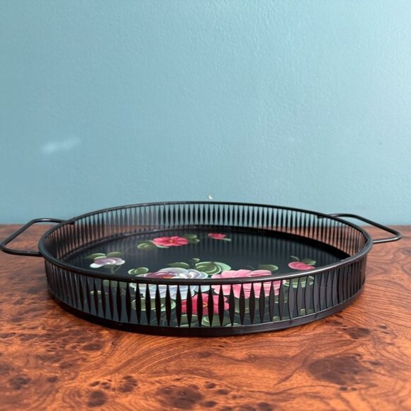 Vintage Toleware Tray Handled Reticulated Fine Arts Studio Hand-Painted Floral - Picture 6 of 8